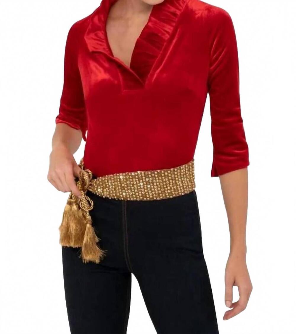 NEW GRETCHEN SCOTT ruffle neck top in silky velvet crimson